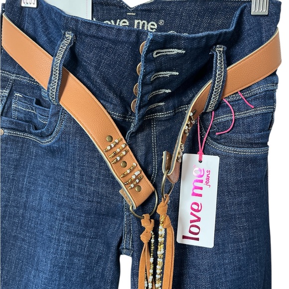 Dark Blue Women's Flared Jeans with Brown Belt - Picture 2 of 7